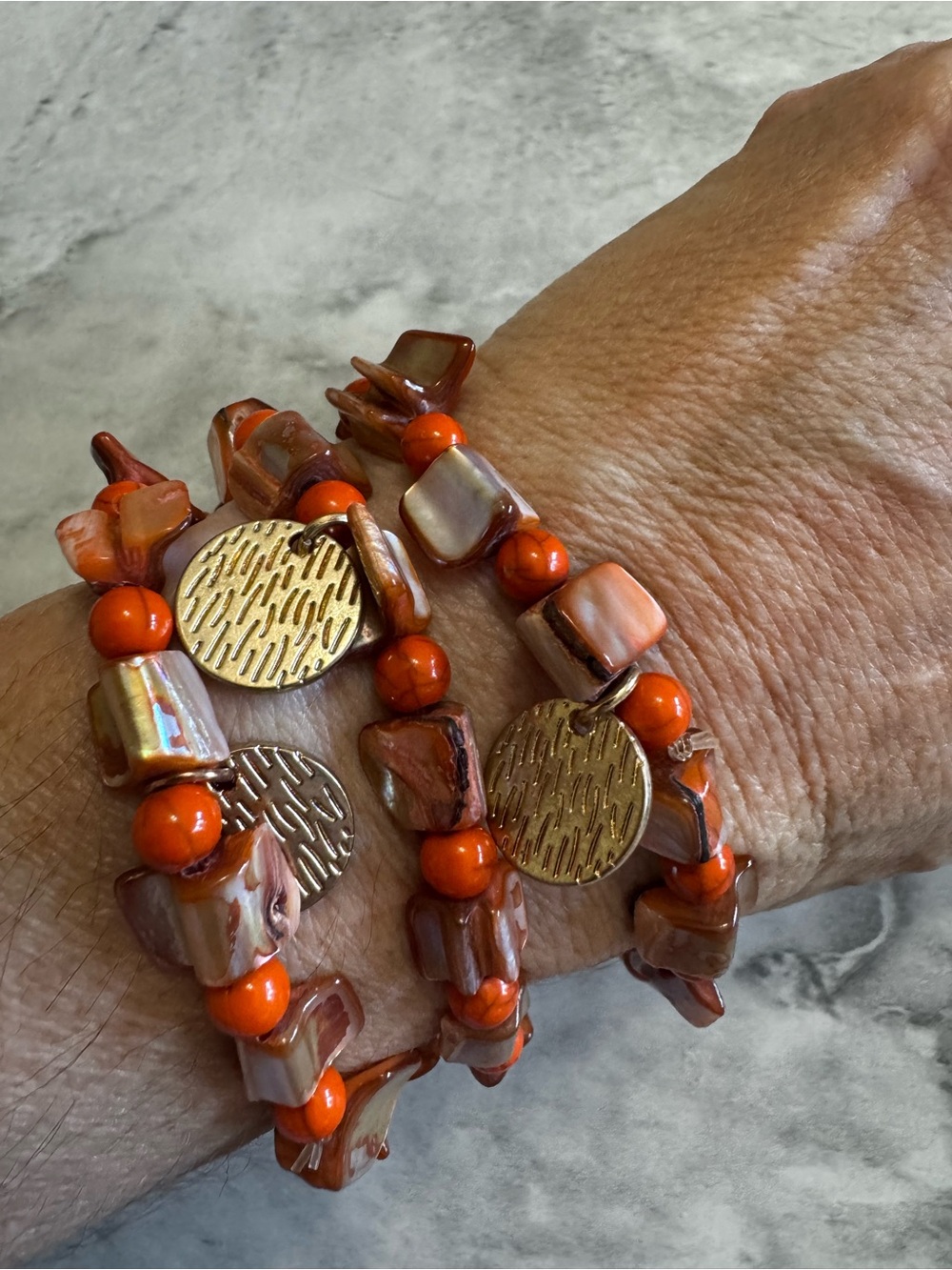 3 Handmade Orange Shell and Gold Disc Wrap Bracelets